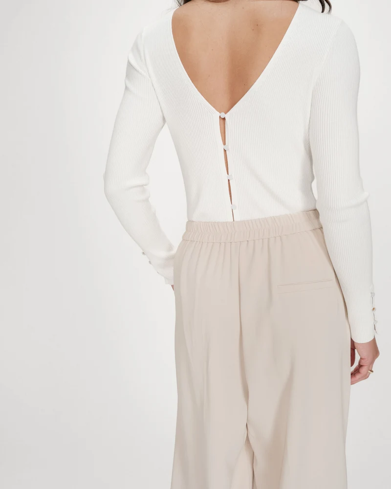 Pantalon fluide jambe large taille mi-haute ecru Noblesse