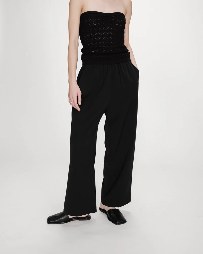 Pantalon fluide jambe large taille mi-haute noir Noblesse
