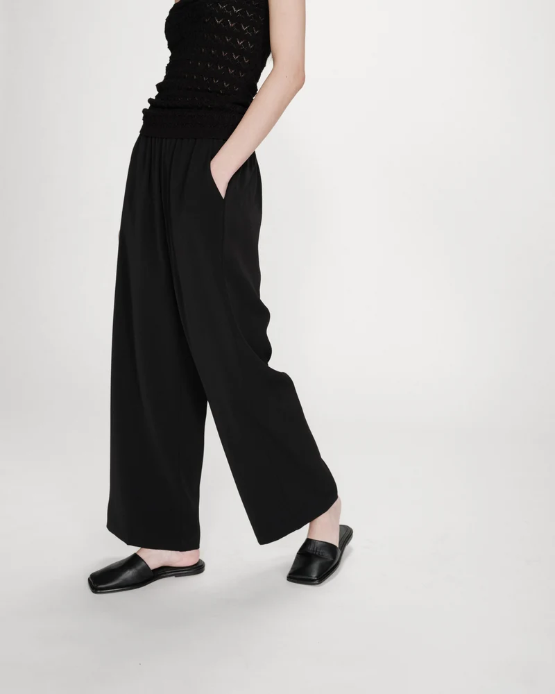 Pantalon fluide jambe large taille mi-haute noir Noblesse