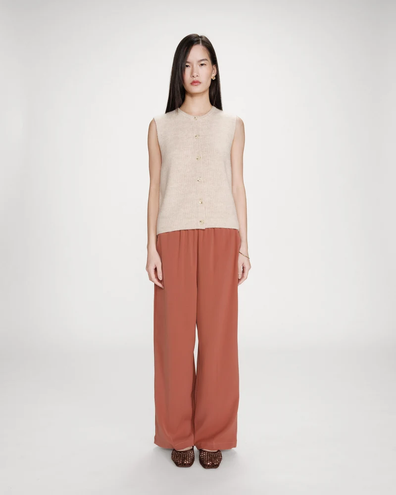 Pantalon fluide jambe large taille mi-haute terracotta Noblesse