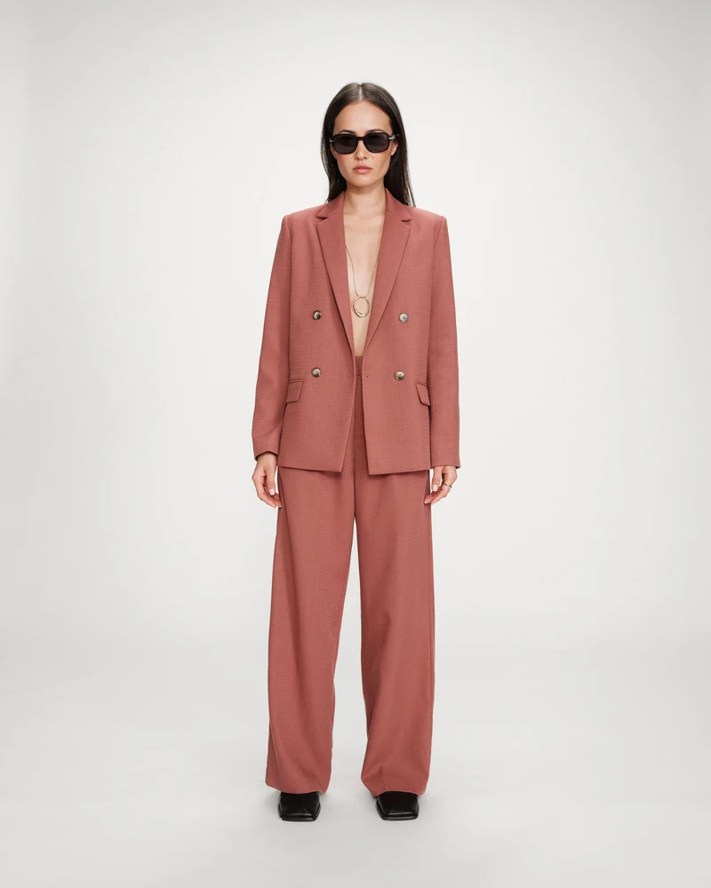 Pantalon tailleur droit taille mi-haute à plis terracotta Pierre