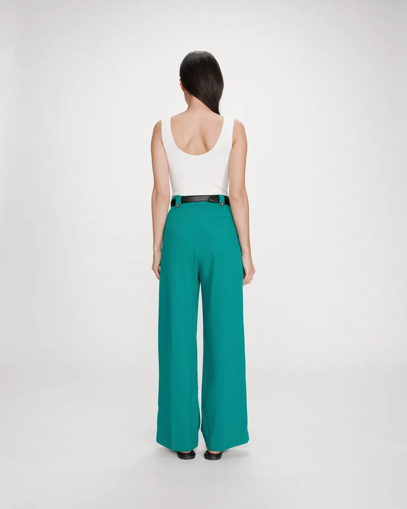 Pantalon tailleur droit taille mi-haute à plis vert Pierre
