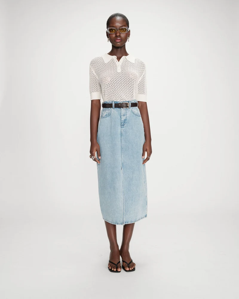 Jupe longue en denim taille haute fente devant skyblue Varenne