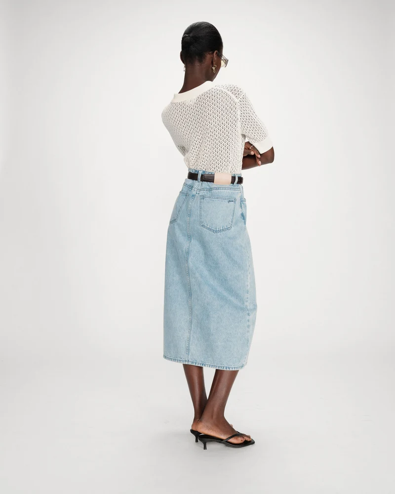 Jupe longue en denim taille haute fente devant skyblue Varenne