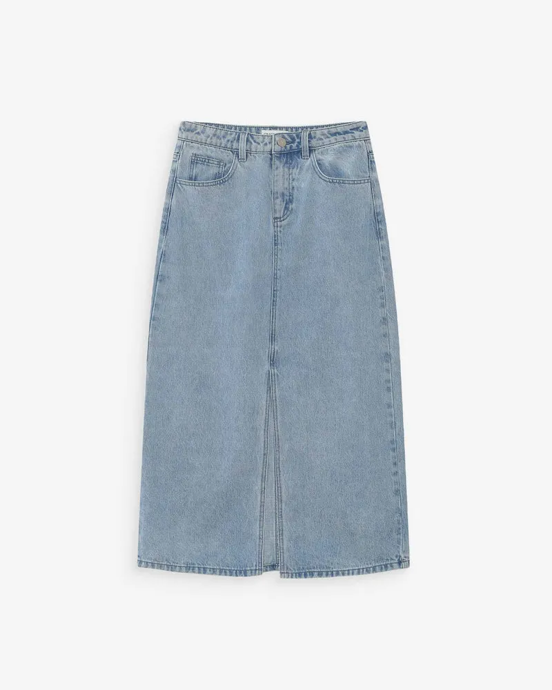 Jupe longue en denim taille haute fente devant skyblue Varenne