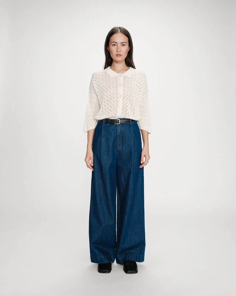 Pantalon denim large taille mi-haute à plis mediumblue Vienne