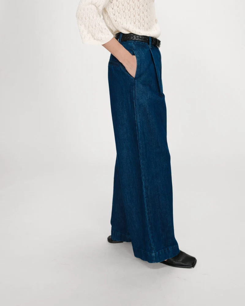Pantalon denim large taille mi-haute à plis mediumblue Vienne