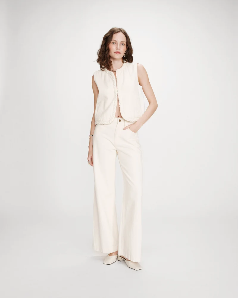 Jean large taille haute ceinture tressée ecru Jaden