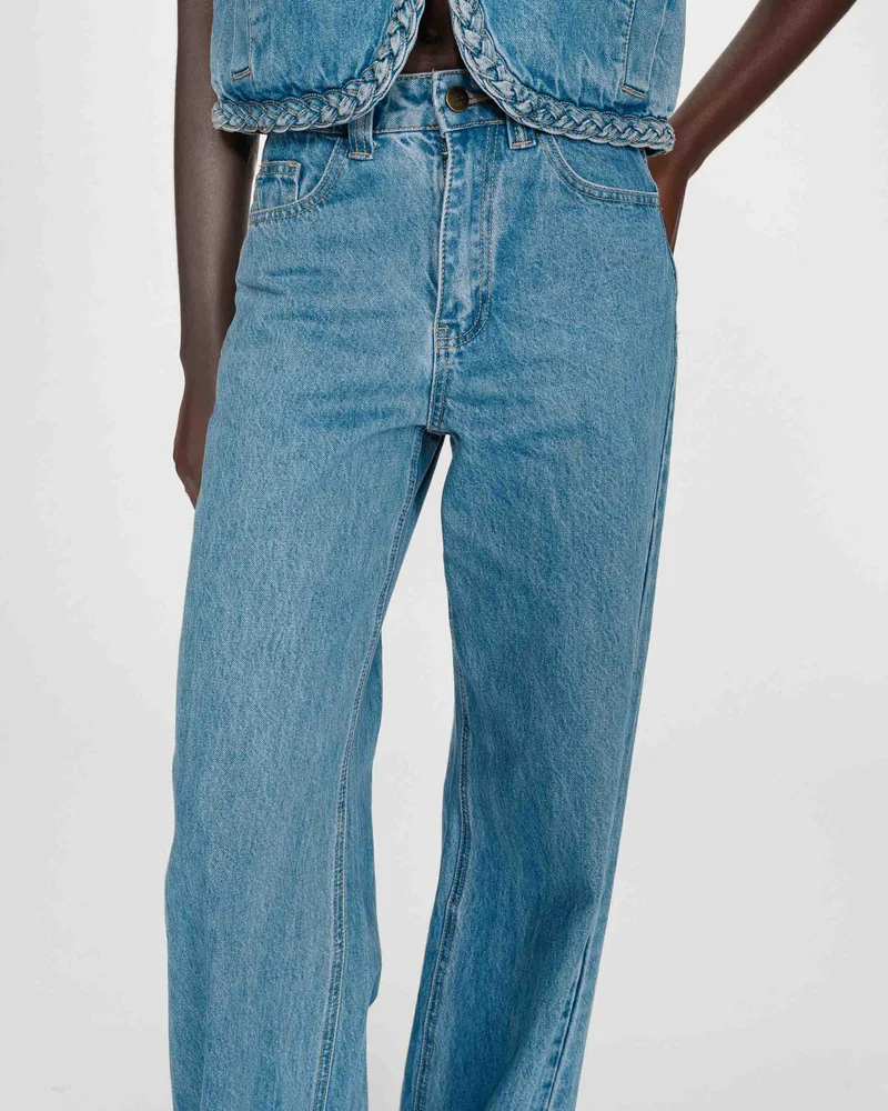 Jean large taille haute ceinture tressée lightblue Jaden