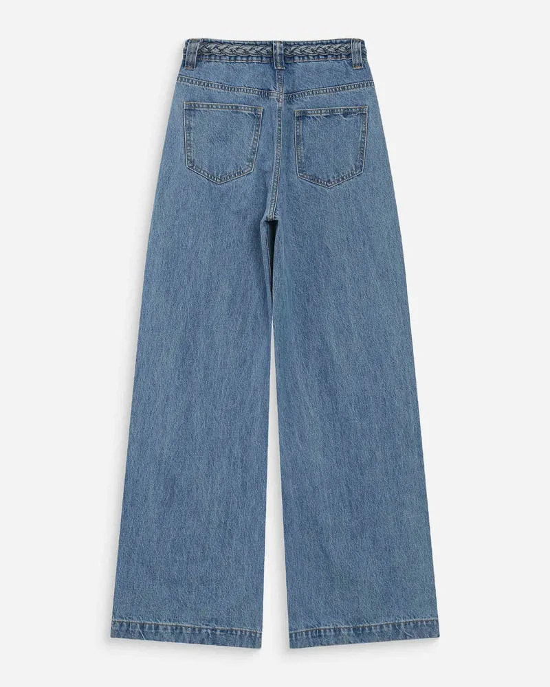 Jean large taille haute ceinture tressée lightblue Jaden