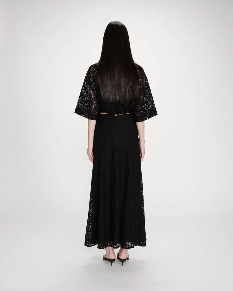 Jupe longue en dentelle évasée noir Visenya
