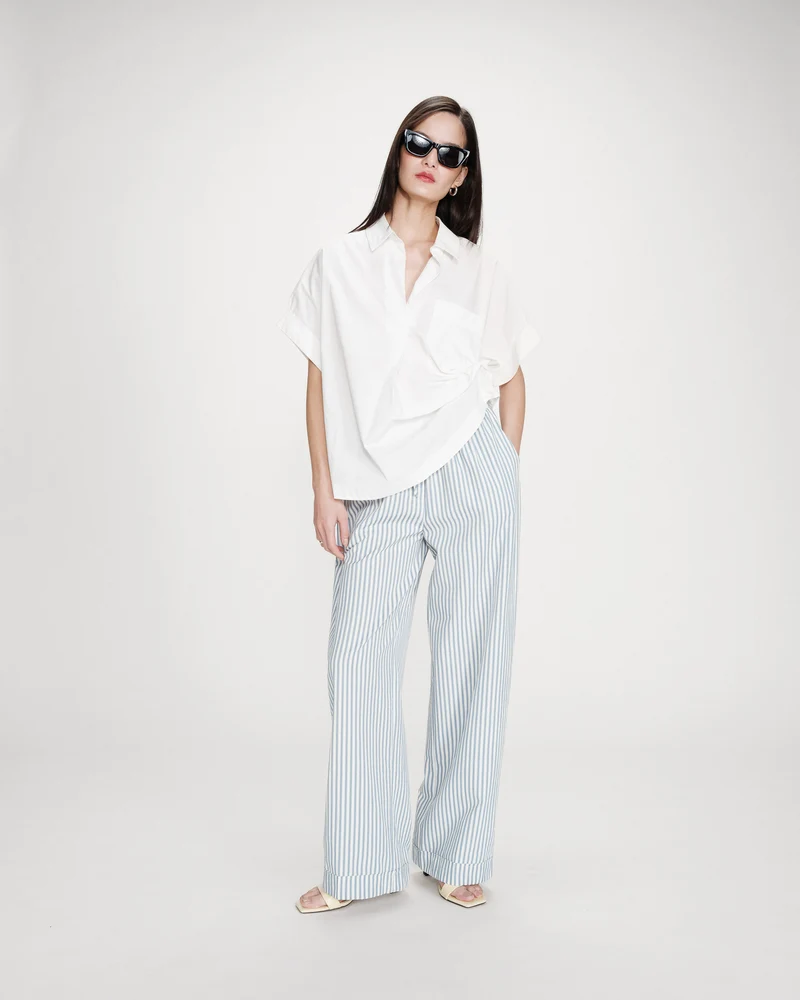 Pantalon à rayures large taille réglable à cordon bleuet Volute