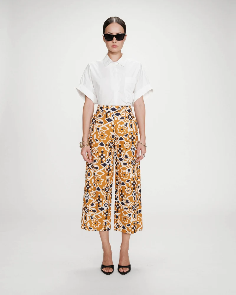 Pantalon 7/8e taille haute droit à motifs cognac Varsy