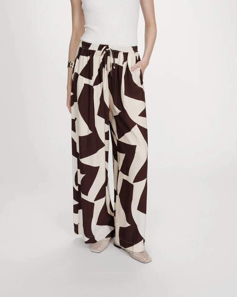Pantalon large taille ajustable motif graphique chocolat Veni