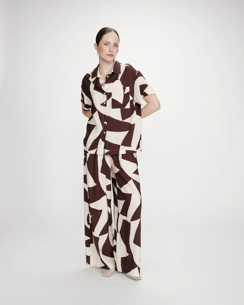 Pantalon large taille ajustable motif graphique chocolat Veni