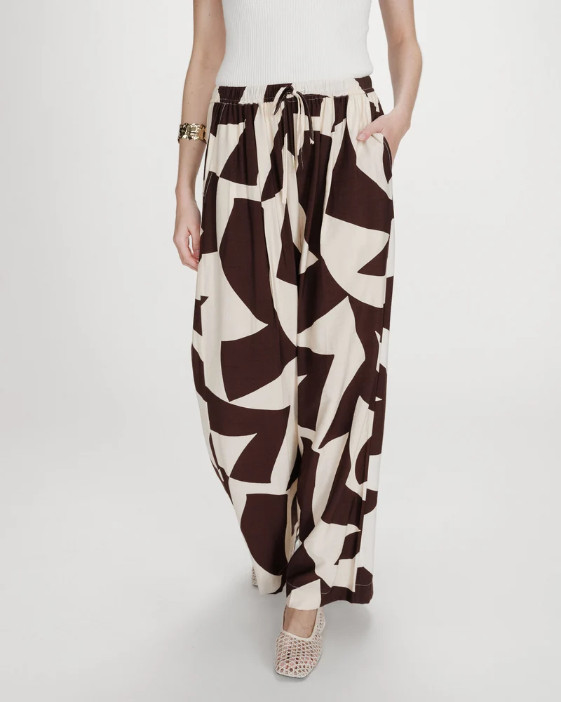 Pantalon large taille ajustable motif graphique chocolat Veni