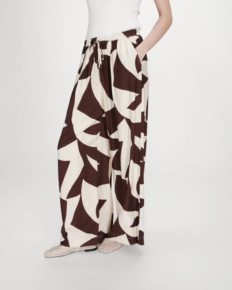 Pantalon large taille ajustable motif graphique chocolat Veni