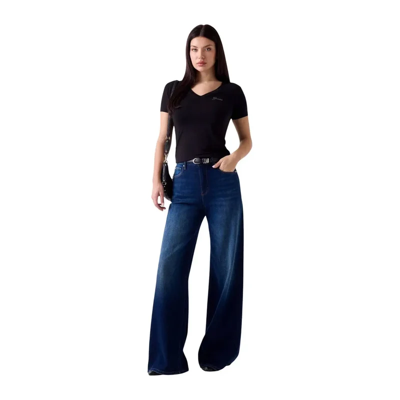T-shirt Guess pour femme, noir, en modal et lycra, à manches courtes et col en V