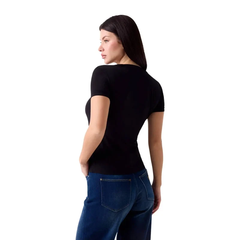T-shirt Guess pour femme, noir, en modal et lycra, à manches courtes et col en V