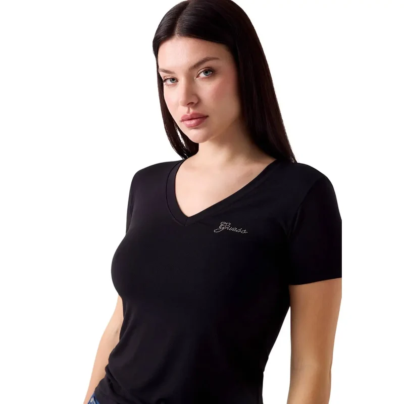 T-shirt Guess pour femme, noir, en modal et lycra, à manches courtes et col en V