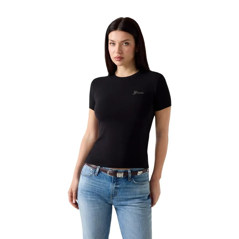 Guess Haut T-shirt noir pour femmes en modal lycra à manches courtes, mini logo