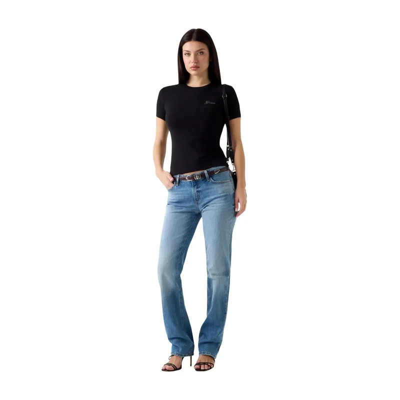 Guess Haut T-shirt noir pour femmes en modal lycra à manches courtes, mini logo
