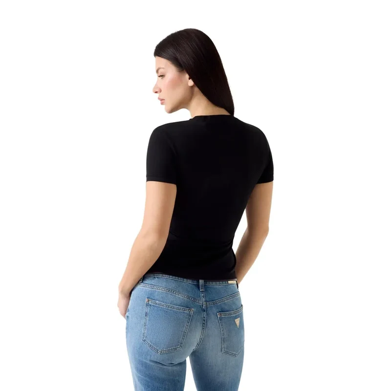 Guess Haut T-shirt noir pour femmes en modal lycra à manches courtes, mini logo