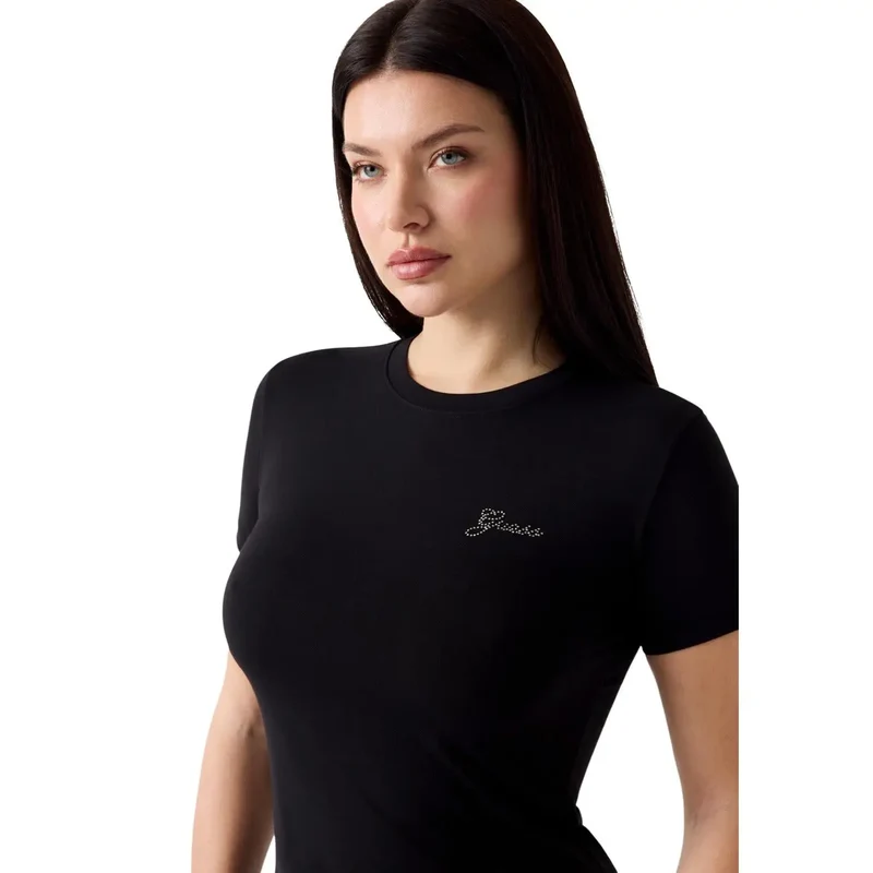 Guess Haut T-shirt noir pour femmes en modal lycra à manches courtes, mini logo