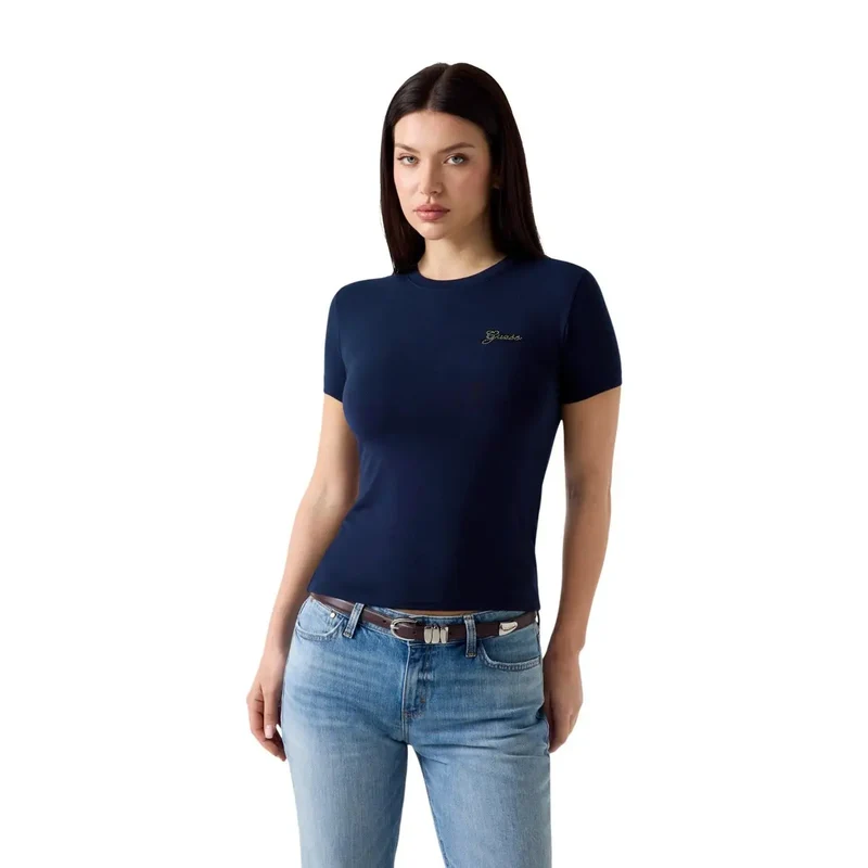 Guess Haut T-shirt noir pour femmes en modal lycra à manches courtes, mini logo