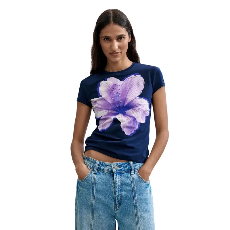 T-shirt court à col rond en coton bleu pour femme de la marque Desigual