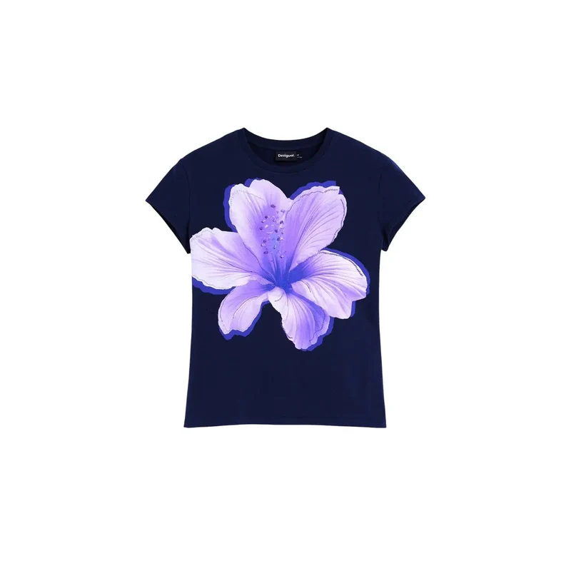 T-shirt court à col rond en coton bleu pour femme de la marque Desigual