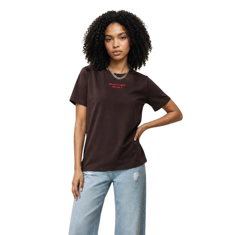 T-shirt en coton à manches courtes pour femmes, col rond, brun