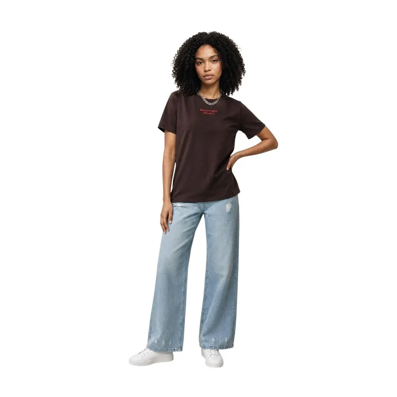 T-shirt en coton à manches courtes pour femmes, col rond, brun