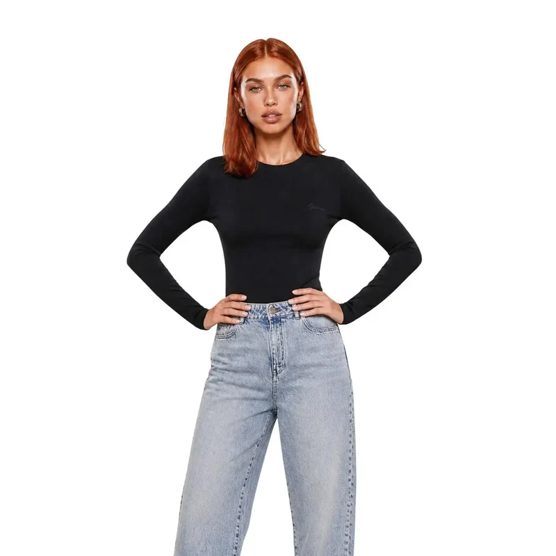 Devinez le haut à manches longues en viscose noire pour femmes Guess Active