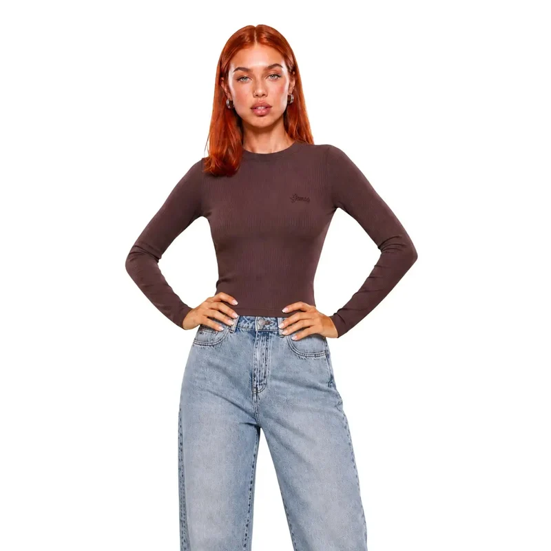 Devinez le haut à manches longues en viscose noire pour femmes Guess Active