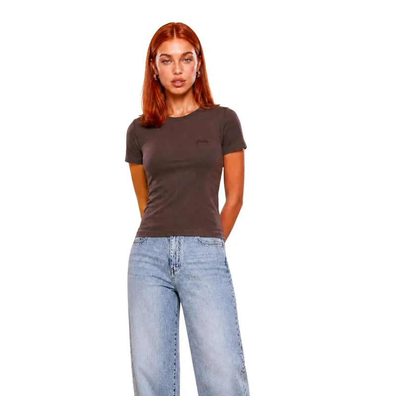 Guess Active, t-shirt classique court en viscose brune à col rond