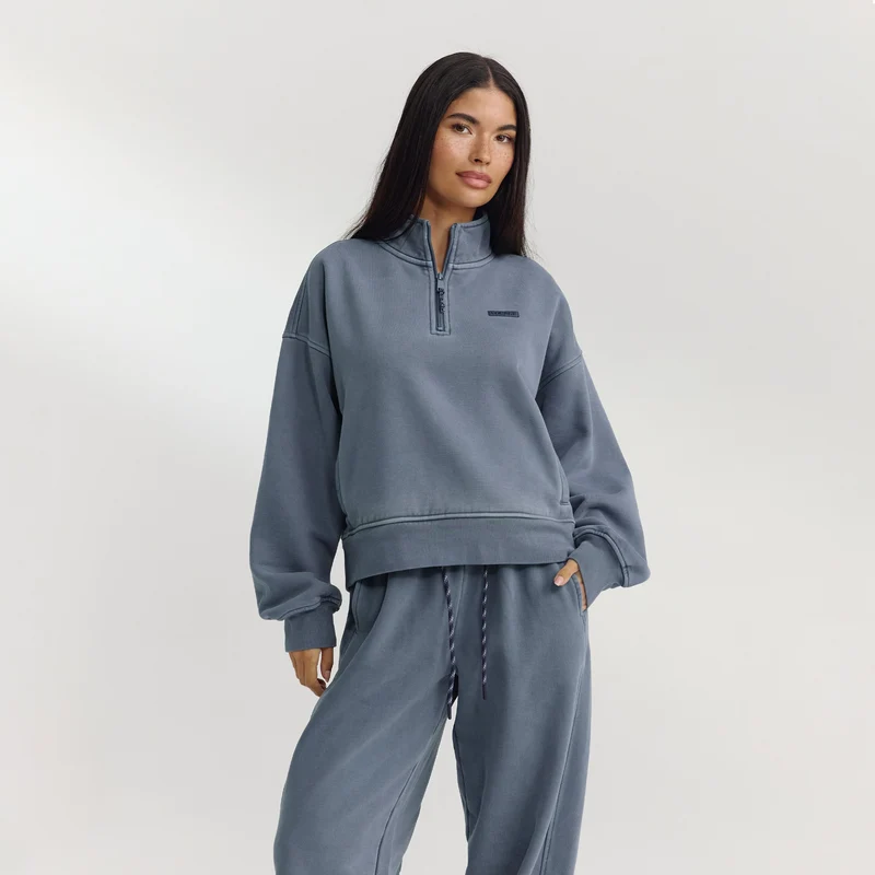 Pull avec Quart de Zip - Bleu Délavé