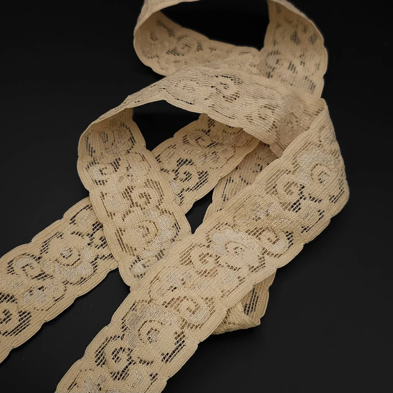 Galon de dentelle florale extensible | Beige | 30 mm - 1 1/4''