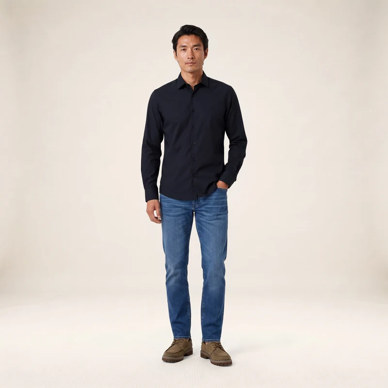 Chemise manches longues coton stretch bleu marine