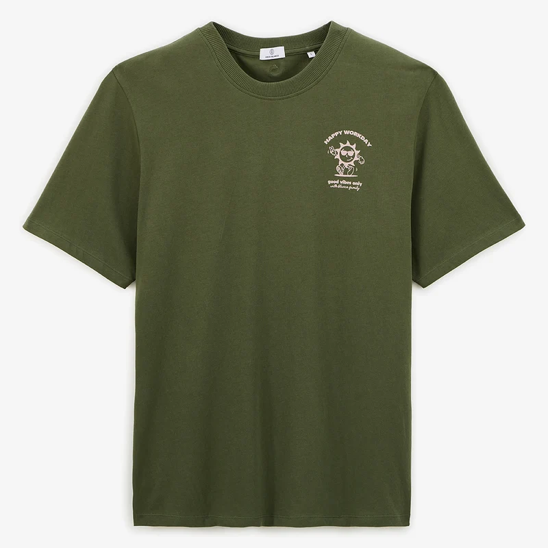 T-shirt col rond en coton imprimé poitrine vert militaire