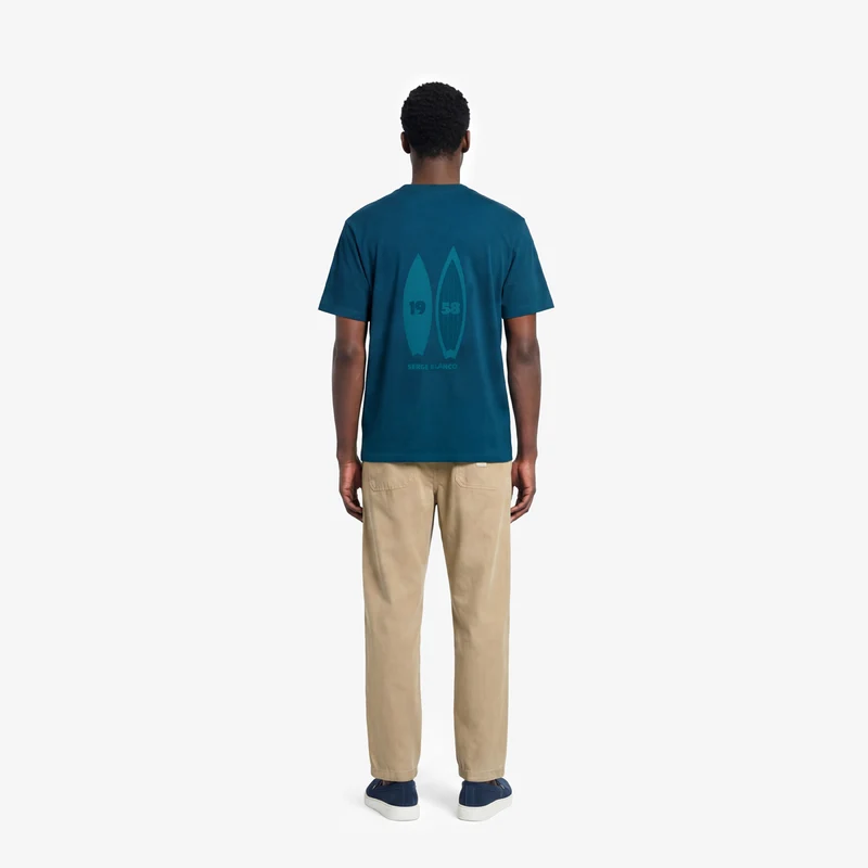 T-shirt col rond en coton imprimé dos surf bleu opale