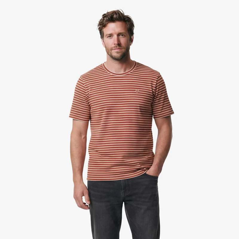 T-shirt col rond rayé blanc et rouge en lin et viscose
