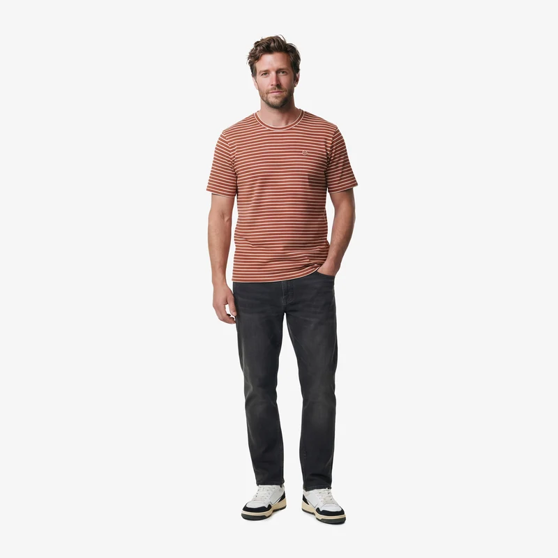 T-shirt col rond rayé blanc et rouge en lin et viscose