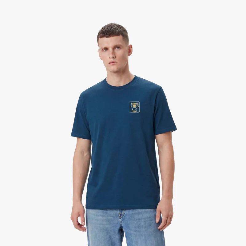 T-shirt col rond en coton imprimé poitrine bleu opale