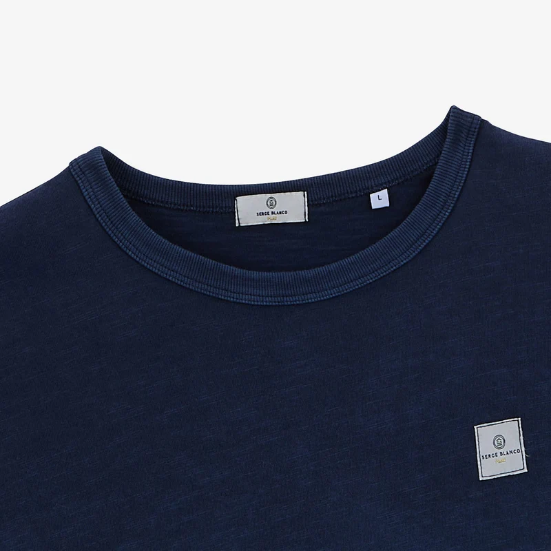 T-shirt col rond en jersey de coton slub pigment dye bleu marine