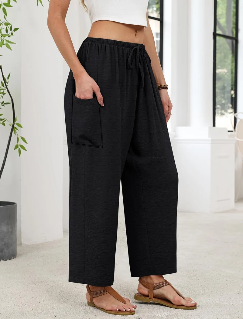 Maja Pantalon Femme – Palazzo Large Fluide Taille Élastique & Poches Été