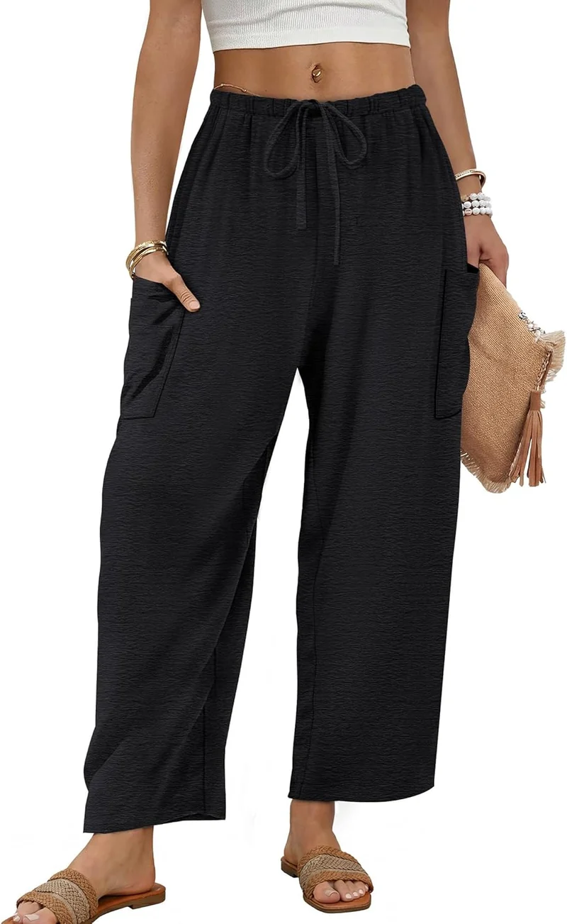 Maja Pantalon Femme – Palazzo Large Fluide Taille Élastique & Poches Été