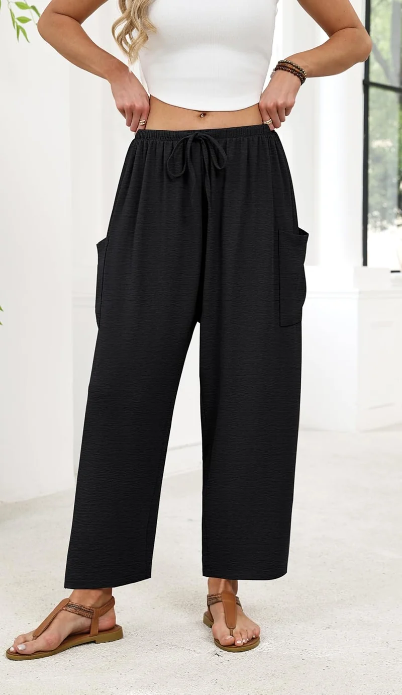 Maja Pantalon Femme – Palazzo Large Fluide Taille Élastique & Poches Été