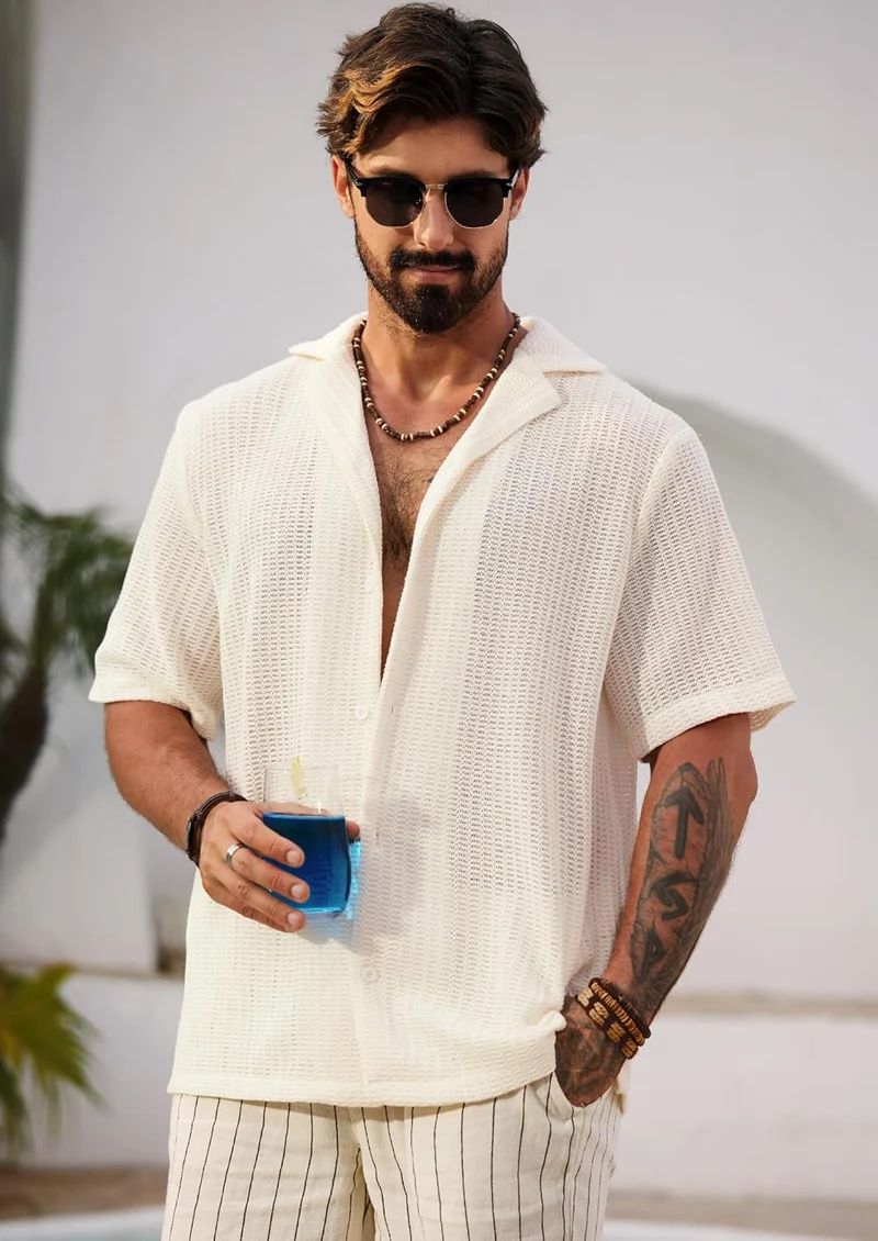 Herbert Chemise Crochet Homme – Chemise Maille Ajourée Style Cubain Été