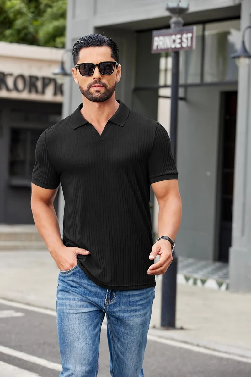 Alex Polo Homme – Polo Côtelé Col V Slim Fit, Léger & Style Été Moderne